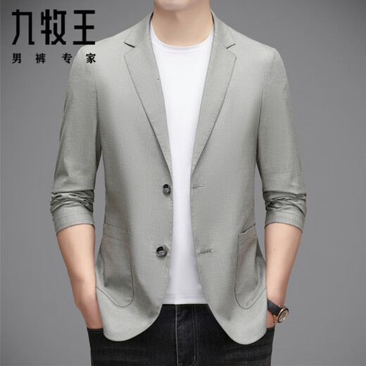 九牧王（JOEONE）西服外套男士高端商务休闲单西春秋新款天丝亚麻痞帅小西装 灰绿色 XL