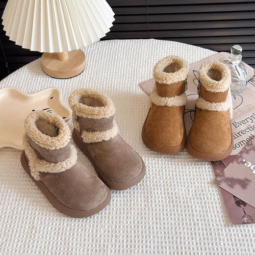 Genuine leather girls' cotton shoes, winter children's velvet shoes, warm snow boots, baby winter shoes, furry shoes, Birkenstock boots, khaki flagship version, upgraded quality 25, inner length 15.5cm