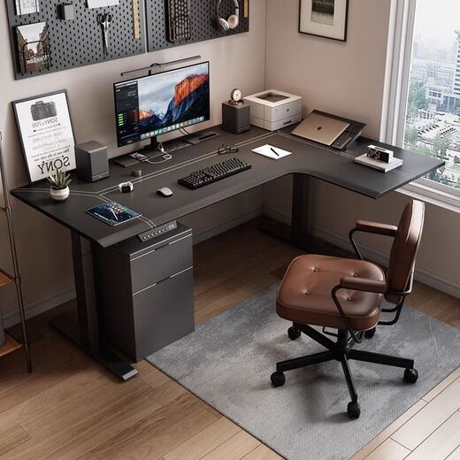 Dear four-legged corner electric lift table L-shaped leather solid wood gaming desk home computer desk office desk length 140*width 60*corner 110cm with embedded power strip Z4 four-legged dual motor + pure solid wood right corner 3cm thick