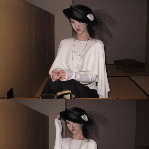 Midelle's Republic of China retro hat Hepburn style black flat hat mesh camellia French retro hat autumn and winter name mesh camellia French retro hat sense