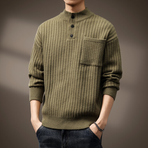 Noble color high-end 700g heavyweight thickened Henry collar sweater men's autumn new Japanese retro loose military green S suitable for 90-110Jin Jin equals 0.5 kg