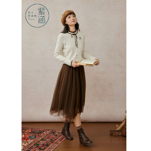 Zihan (ZIHAN) Zihan retro literary style long-sleeved mesh dress knitted cardigan two-piece suit skirt for women 2025 winter new style Mocha Mousse L