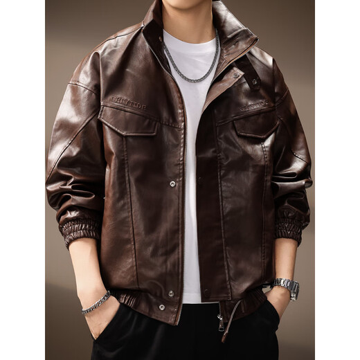 Revium high-end American fashion brand high street stand-up collar PU leather jacket men's autumn handsome motorcycle jacket loose versatile tops for men brown M suitable for 100-120 Jin Jin equals 0.5 kg
