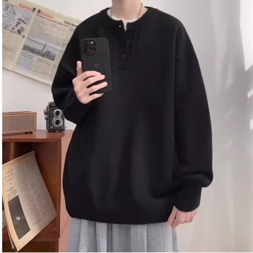 Phoenix Henley Collar Sweater Men's Autumn and Winter Machine Washable Sweater Lazy Neutral Inner Style Knitwear Men Light Gray XL