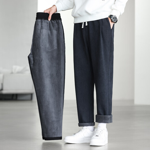 Commoner Legend Velvet Thickened Heavy Corduroy Elastic Waist Drawstring Soft Warm Sports Small Taper Men's Casual Pants Gray L