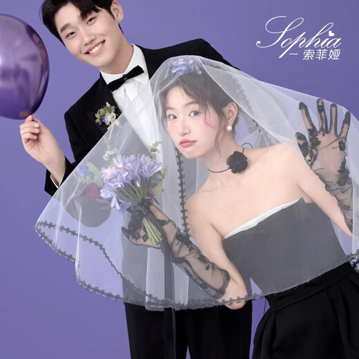 
Bride wedding veil black lace long niche photography and photography style headdress hard yarn white black mesh rose gloves about 52cm
