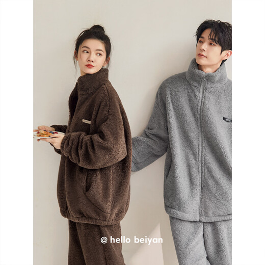 Beiyan lamb velvet couple pajamas for men and women in autumn and winter thickened warm coral velvet home clothes high collar zipper cardigan set F60548 women's L