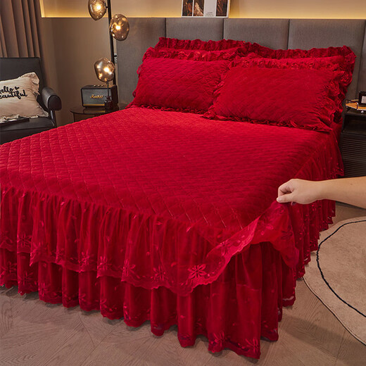 Fantasy thickened high-end baby velvet quilted bed skirt bed cover single piece red high-end lace autumn and winter Shengshi Landai-plain silver gray high-end baby velvet thickened and warm 200cmx220cm bed skirt + pillowcase 2 pieces