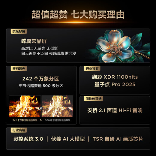 TCL TV 65T6L 65-inch QD-Mini LED Vientiane Partition Quantum Dot Colorful XDR 1100nits DeepSeek AI TV National Subsidy