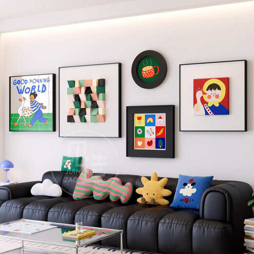 Jianzao three-dimensional solid wood painting dopamine green hanging painting modern style living room sofa background wall high-end decorative painting type B - sandstone texture three-dimensional painting combination medium set suitable for living room sofa 2.6 meters - 3.5 meters black aluminum alloy frame 3.5cm thick three-dimensional wood block + artistic concave and convex cloth printing + glass mirror UV printing