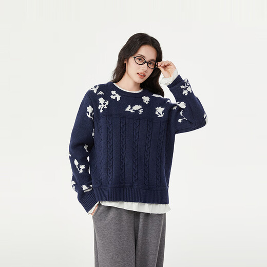 Birds and New Wine Round Neck Long Sleeve Wool Sweater Women's 2025 Winter New Blue Jacquard Sweater Women's Top Full Pattern Indigo HPH07 S