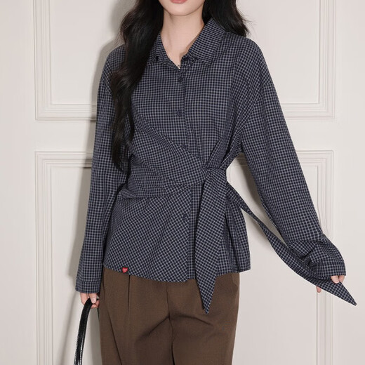 CHOCOOLATE it women's trendy brand Korean temperament strap waist design long-sleeved plaid shirt women's autumn and winter new top women's navy blue L