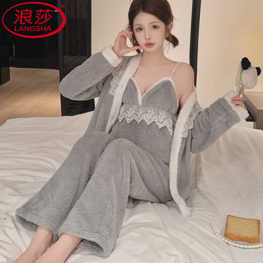 LangSha Sexy Pure Desire Winter Thickened Plush Pajamas Women's Suspender Long Sleeve Three-piece Lace Princess Suit Home Clothes Gray - Three-piece Suspender Set Plush 10XL - Hair Velcro
