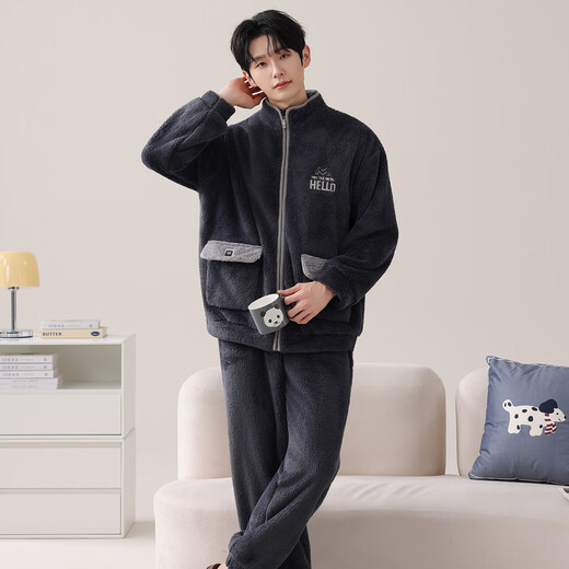 LangSha (LangSha) pajamas couple wear, one man and one woman, winter flannel thickened warm cardigan zipper casual can be worn outside home clothes 5910 couple L female + XL male