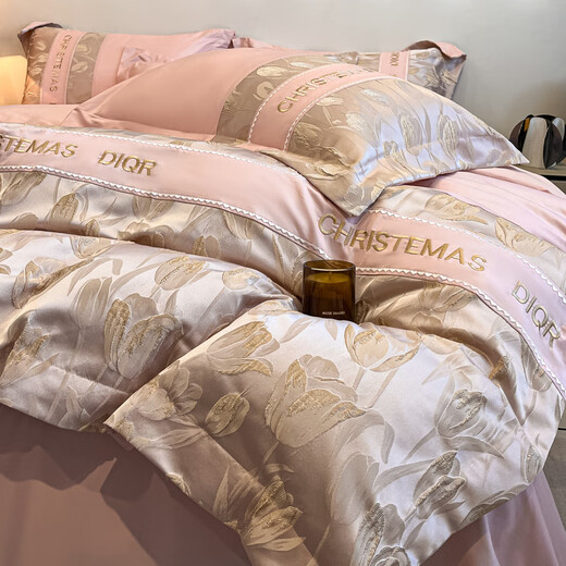 Mercury series sense Class A long-staple cotton pure cotton four-piece set three-dimensional jacquard cotton quilt cover bed sheet light luxury 1.8 bedding Champagne 1.5 sheet style four-piece set quilt cover 200x230