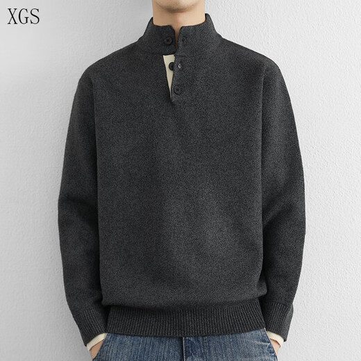 Jiangong Henry collar sweater men's simple V-neck sweater autumn and winter trendy brand loose thickened bottoming shirt dark gray M 100-115Jin Jin equals 0.5 kg