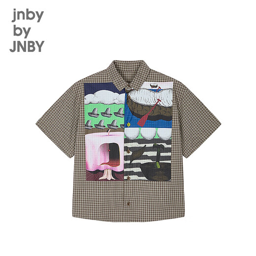 Jnby by JNBY Same style as the show, new Jiangnan Buyi children's short-sleeved shirt H-shaped cotton 25 autumn boys and girls 1P7211720 964/khaki coffee strip/grid 100 cm