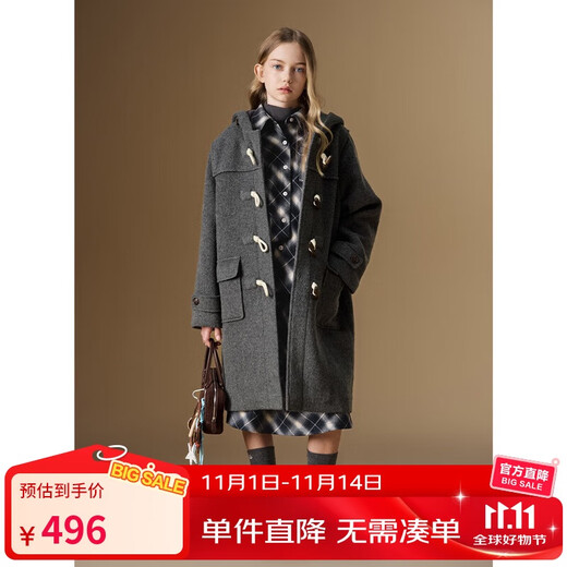 ELLE KIDS 50% wool coat French preppy style autumn and winter hooded temperament girls mid-length loose woolen coat