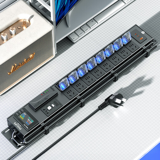 Philips (PHILIPS) PDU plug strip desktop plug strip leakage protection socket fish tank lightning protection anti-surge plug board sub-control 10 sockets 1.5 flat wire diameter free cable manager + traceless nails