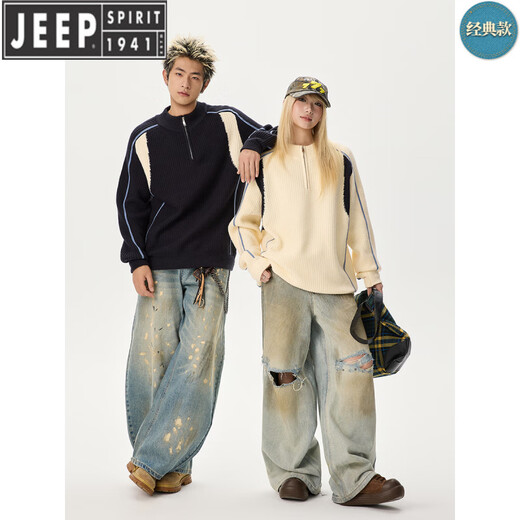 JEEP SPIRIT couple's clothing autumn and winter American retro splicing contrast sweater Henry collar half zipper warm sweater men's and women's jacket heather gray M