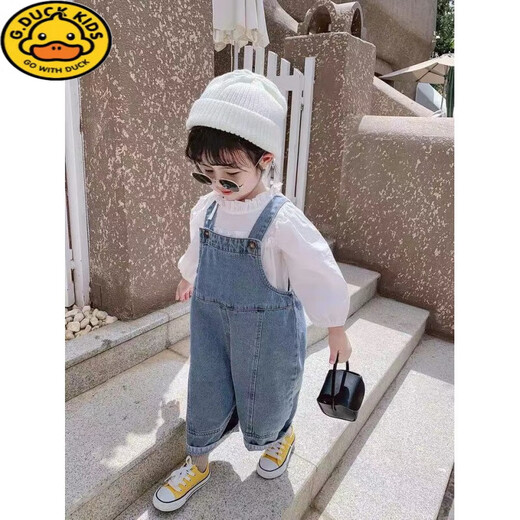 Детские комбинезоны G.duck, новинка 2024 года, весенне-осенние повседневные джинсы для девочек, детские свободные штаны, модные синие джинсовые комбинезоны в корейском стиле, 90 см