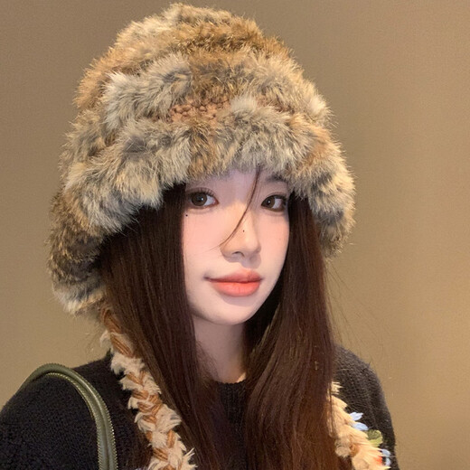 Perfect rabbit fur knitted plush hat for women in autumn and winter, big head circumference, small face, small woolen fisherman hat, cold-proof and warm fur hat, khaki color, one size fits all (Priority for delivery if added to favorites)