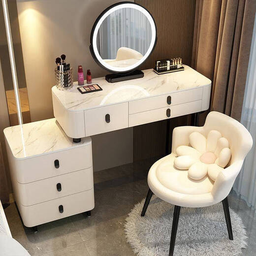 Small apartment solid wood dressing table bedroom modern simple high-end solid wood slate dressing table storage cabinet integrated CHH solid wood frame black handle (7MM slate) white 115.5 three-drawer table + smart mirror + cabinet + bird's nest stool