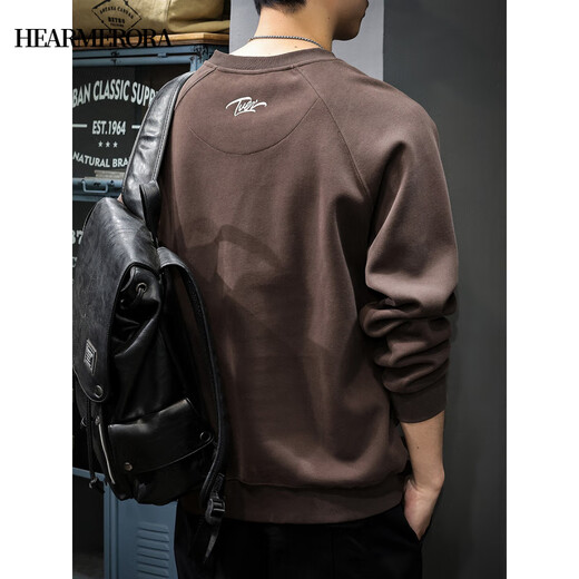 HEARMERORA2025 Spring New Henry Neck Sweatshirt Men's Fashion Brand Embroidery Splicing Heavy Weight Loose Pullover Casual Dark Gray M _Suitable Weight 90-130Jin Jin is equal to 0.5 kg