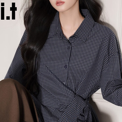 CHOCOOLATE it women's trendy brand Korean temperament strap waist design long-sleeved plaid shirt women's autumn and winter new top women's navy blue L