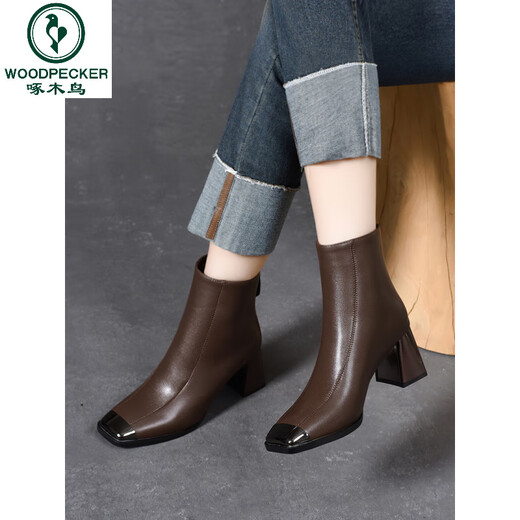 Woodpecker 2026 New Spring and Autumn Square Toe Short Boots Women's Genuine Leather High Heel Ankle Boots Autumn and Winter Thick Heel Medium Heel Leather Shoes Plus Velvet Women's Shoes Black Single Liner Heel Height 6cm 41