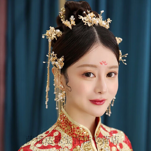 Hengjiu Ye Lao Phoenix Gold Store Style Chinese Xiuhe Clothing Headwear Bride Wedding Attractive Phoenix Crown Hanfu Full Set Wedding Hair Accessories Picture Set (Ear Clip Style)