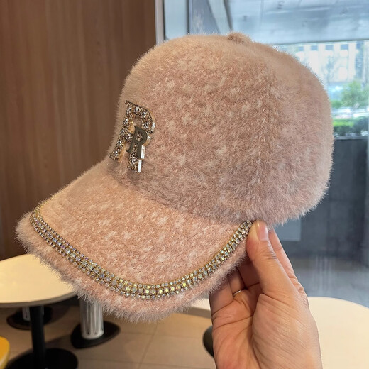 Rhinestone letter baseball cap for women autumn and winter plush warm hat Korean style fashion versatile mink fur peaked cap ins Double R mink fur rhinestone baseball cap - black adjustable