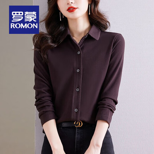 ROMON's new autumn and winter solid color double-sided German velvet long-sleeved shirt for women, versatile brushed plus velvet warm base cardigan shirt, blue gray M 85-100Jin Jin equals 0.5 kg