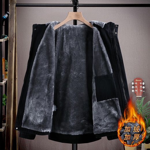 Lanpinge autumn and winter velvet thickened denim jacket boy hat detachable jacket teenagers junior high school college student clothes black velvet style 9051 XL height 165-175cm115-135Jin Jin is equal to 0.5 kg