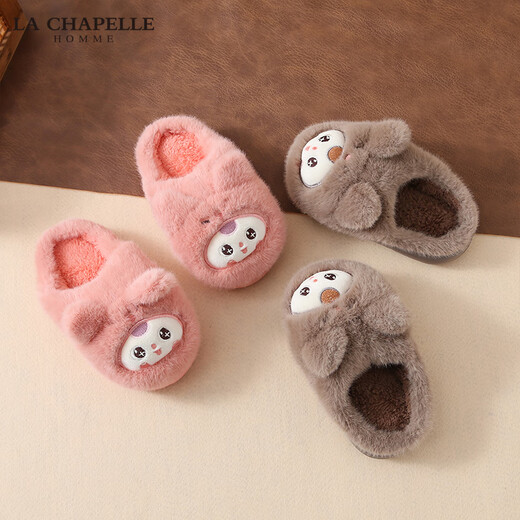LA CHAPELLE HOMME Men and Women Baby Children's Indoor Home Warm Soft Soled Cute Plush Cotton Slippers Leather Red 34-35