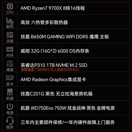 Inno3D Ruiqing 701 R7 9700X/32G/1TB solid-state WIFI commercial office desktop computer host designer complete set