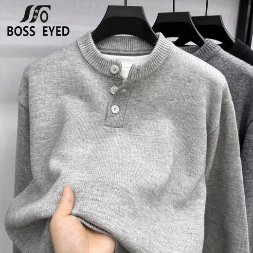 BOSS EYED men's autumn and winter round neck buttoned casual sweater youth trendy sweater high weight Henry collar casual NKY-25216 black L recommended 120-130Jin Jin equals 0.5 kg