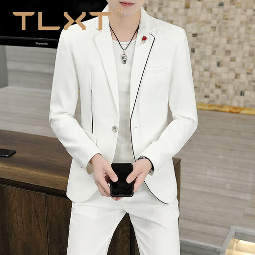 TLXT Korean style casual spring and summer suit men's slim business formal suit groom handsome British small suit handsome white (two-piece suit - top + pants) 2XL 135-145 or so