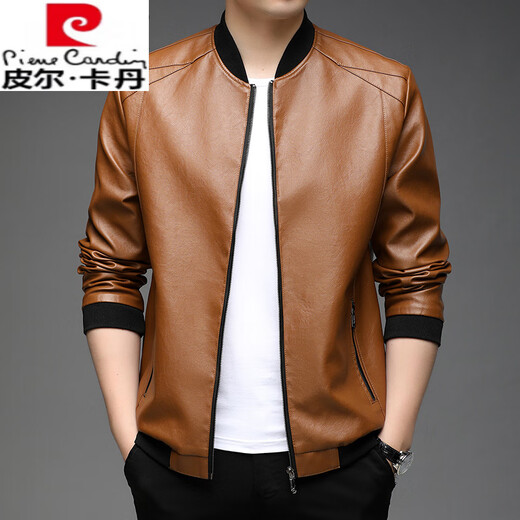 Pierre Cardin high-end men's spring thin genuine leather jacket Haining baseball collar leather jacket motorcycle jacket casual men's jacket black XL 175110-130Jin Jin is equal to 0.5 kg