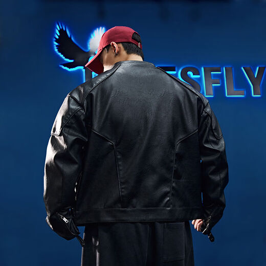 American leather jacket for men, handsome silhouette, exoskeleton, three-dimensional cutting, deconstructed zipper motorcycle, black M M