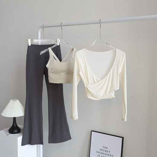 Tiannan Brothers (TNBROTHERS) Yoga Wear Pilates Set Three-piece Yoga Wear Suit Women's Fitness Three-piece Set Mesh Blouse Long Sleeve High Waist Apricot Bra Blouse + Caramel Color Bootleg Pants. XL