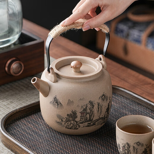 Large-capacity stoneware teapot hotel kettle teapot Kung Fu tea set retro simple large tea set for home use coarse pottery - blue lotus - dragon egg teapot 860ml