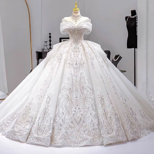 SHANDONGSHAONV main wedding dress bride 2025 new texture one-shoulder small French heavy industry pregnant woman tail white tail wedding dress + three-piece set 2XL