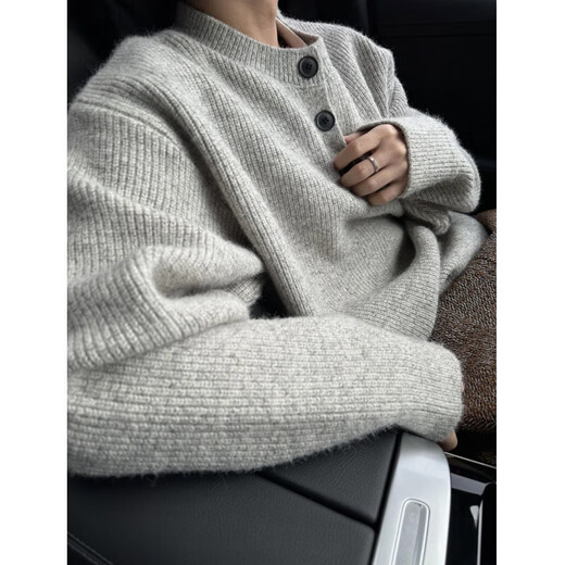 American lazy style retro henley collar sweater cleanfit single-breasted high-end woolen sweater jacket for men gray M