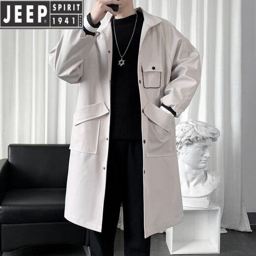 JEEP SPIRIT windbreaker jacket men's mid-length spring and autumn work coat 2025 new long style high-end casual large size men's trendy off-white plus velvet 2XL