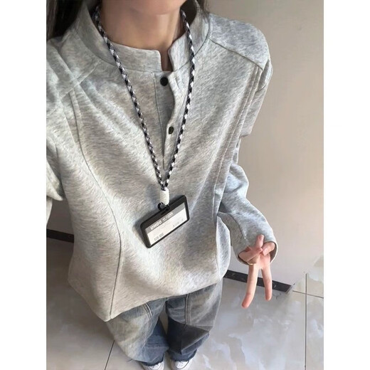 WVZW American Henry collar polo shirt sweatshirt for men and women in autumn deconstructed splicing long-sleeved T-shirt cleanfit shoulder top gray 2XL (recommended 135-150Jin Jin equals 0.5 kg)