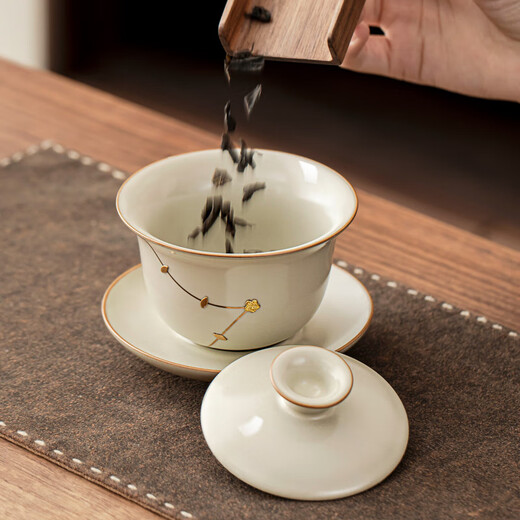 Tangfeng Ru Kiln Tea Set with Tea Tray Gift Box Household High-end Tea Maker Full Set Birthday Housewarming Gift for Elders Curium Nail Luohan Suyu Xishi Pot 12 Heads (Brown Leather Box)