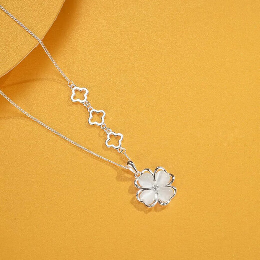 S999 sterling silver necklace for women, cat's eye stone, four-leaf clover bone chain pendant, light luxury and simplicity, a Chinese Valentine's Day gift for girlfriend 1355DZ-Silver-S999 pure silver
