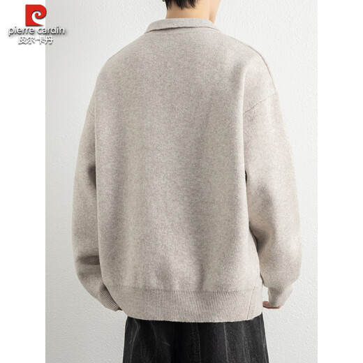 Pierre Cardin lazy style lapel thickened loose casual sweater men's winter old money style Henry collar sweater jacket knitted cloud yarn gray M Height 160-165cm Weight-120Jin Jin equals 0.5 kg