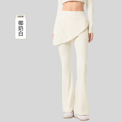 Juzai Fitness Pants Women's High Waist Tummy Control Yoga Pants Fake Two Piece Skirts Hip Raising Anti-Exposed Micro Trumpet Pilates Ivory S